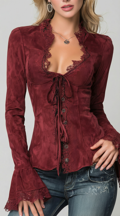 Vintage Lace Trim Polyester Suede Embroidered Blouse