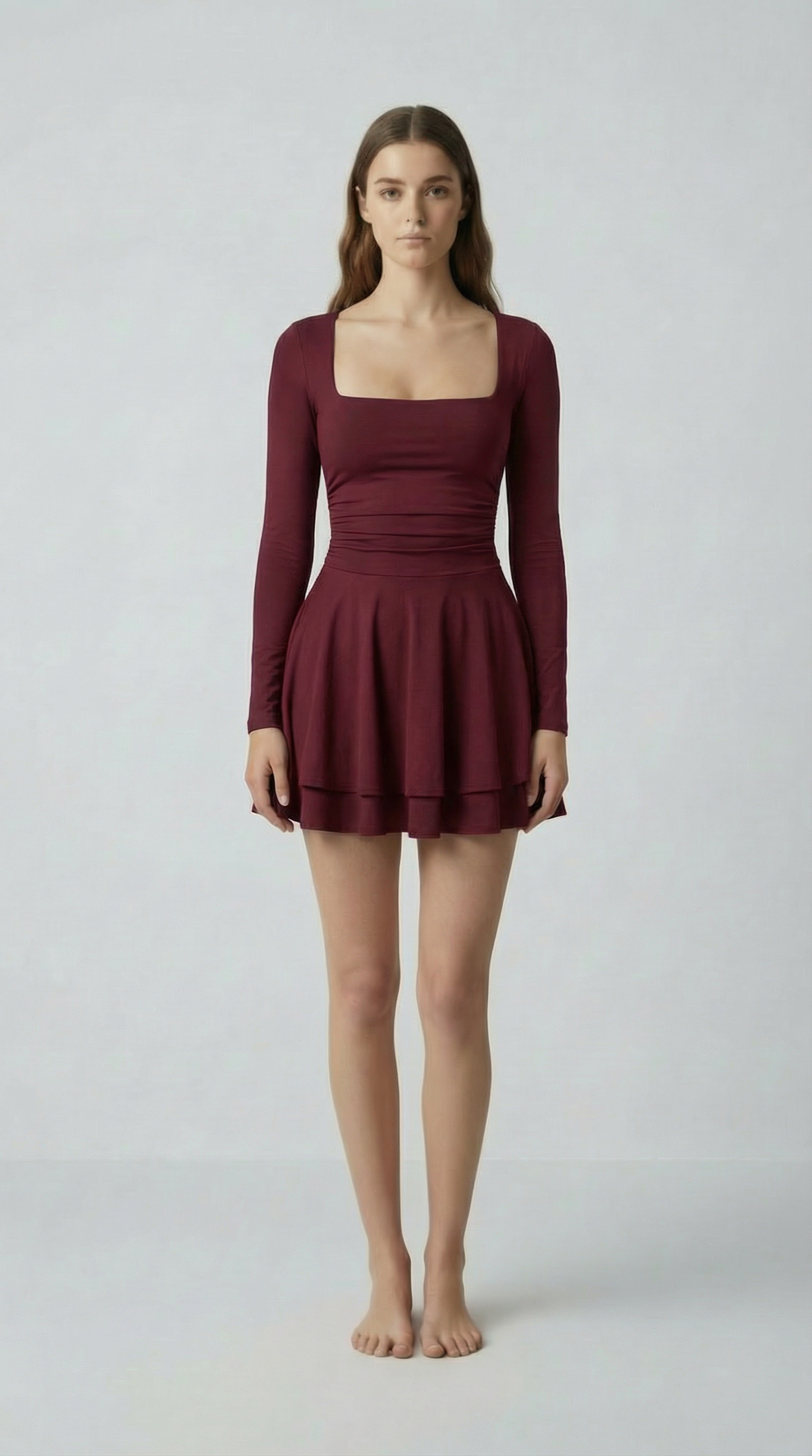 Square Neck Long Sleeve Mini Dress – Slim Fit Bubble Skirt Style