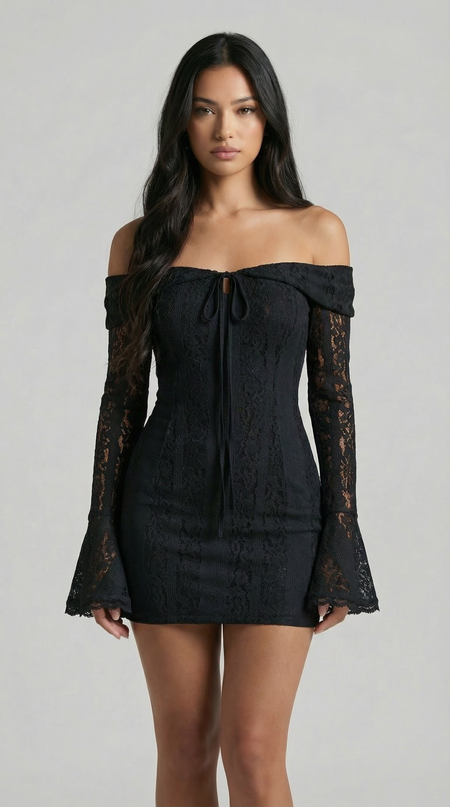 Off-Shoulder Lace Mini Dress with Flared Sleeves