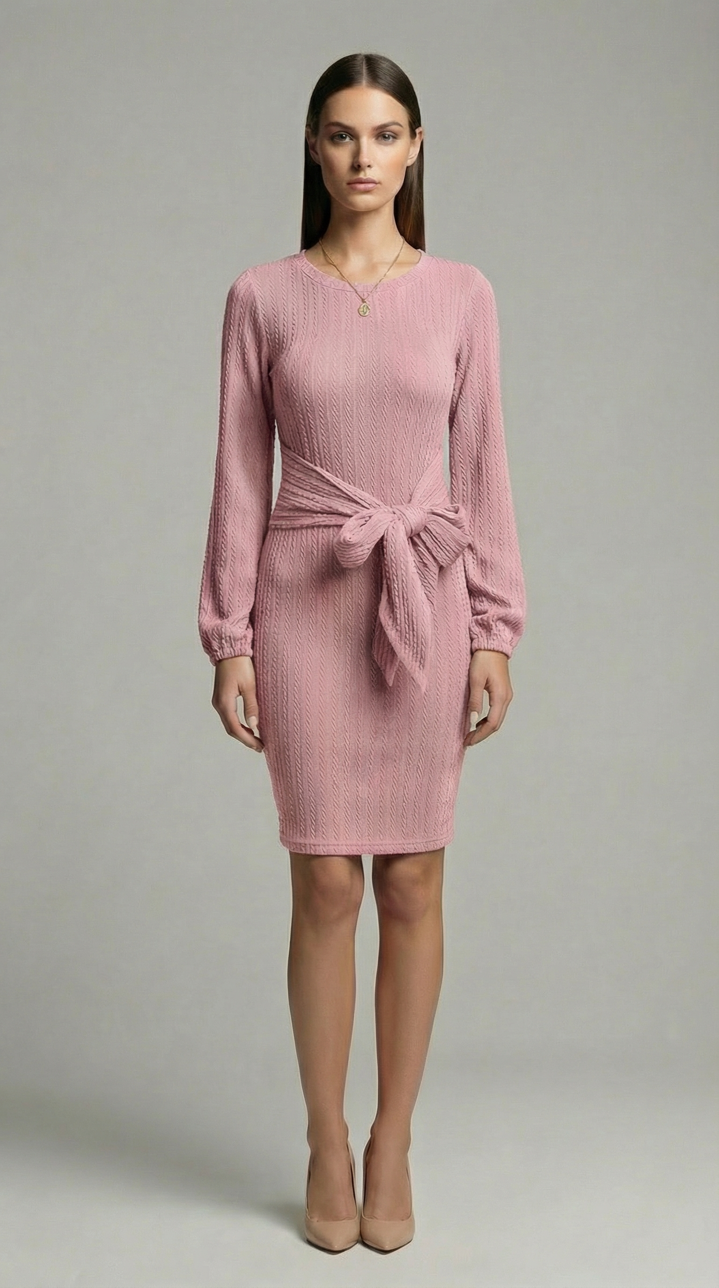 Elegant Ribbed Knit Bodycon Dress with Tie Waist – Long Sleeve Minimalist Sweater Dress