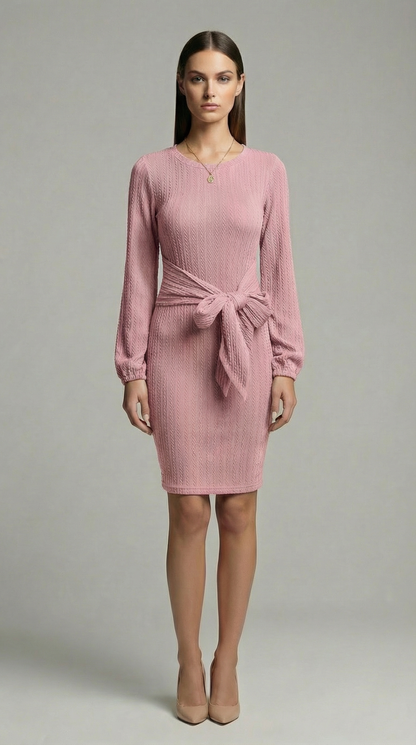 Elegant Ribbed Knit Bodycon Dress with Tie Waist – Long Sleeve Minimalist Sweater Dress