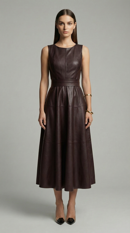 Elegant Sleeveless PU Leather A-Line Midi Dress with Zip Back & Pleated Design