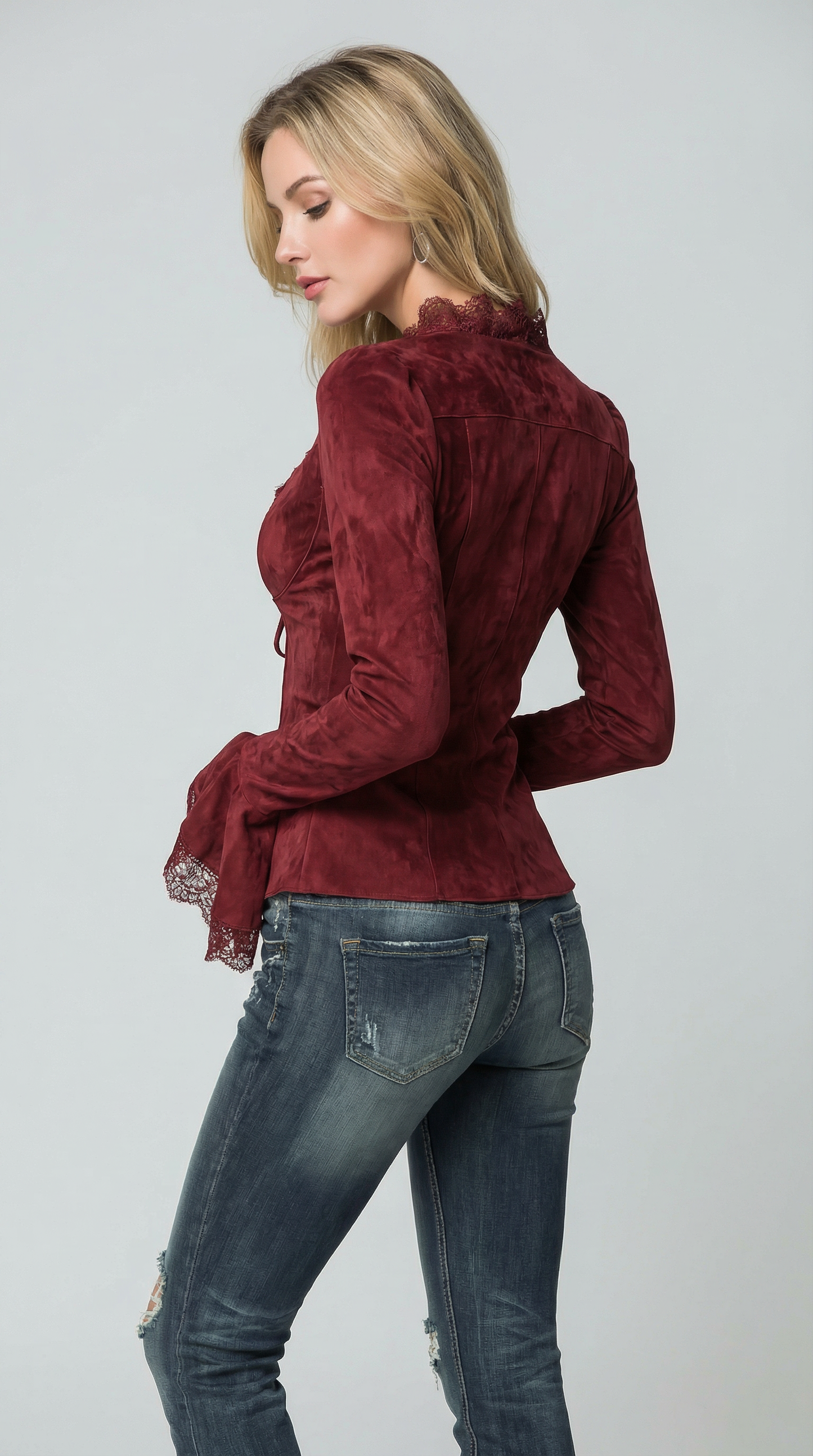 Vintage Lace Trim Polyester Suede Embroidered Blouse