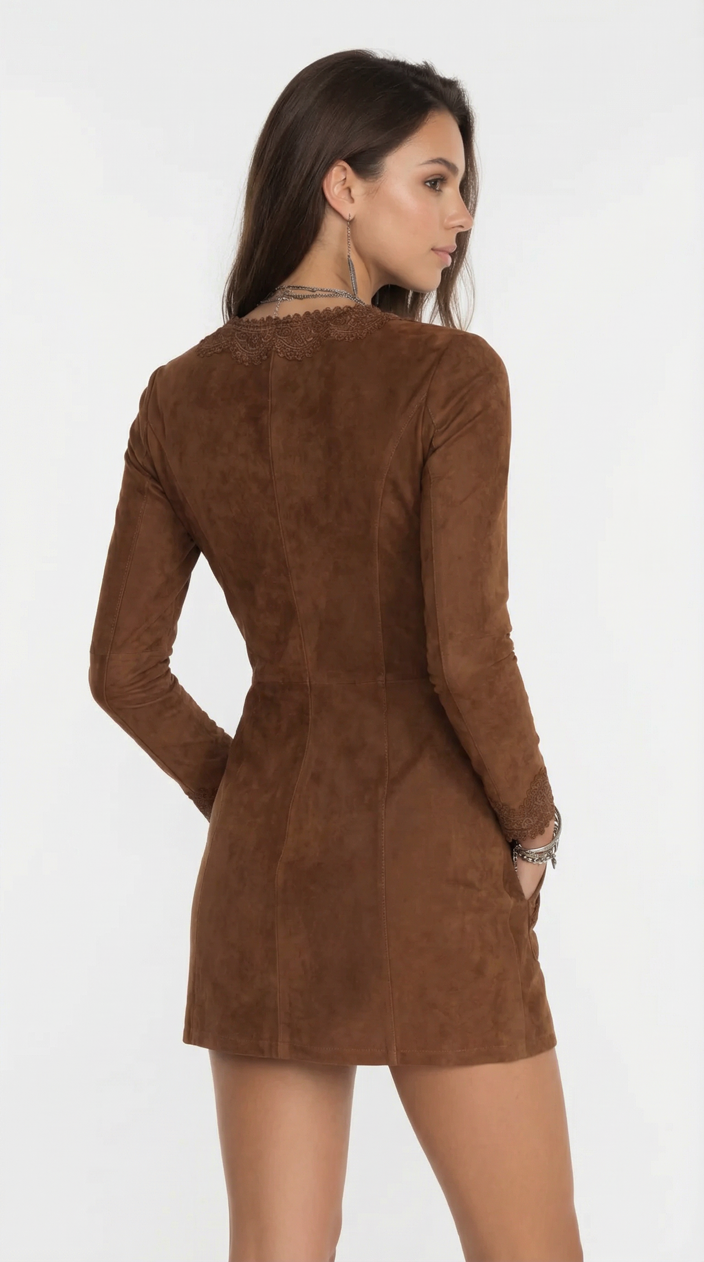 Vintage Caramel Brown Lace Trim And Zip Front Suede Mini Dress