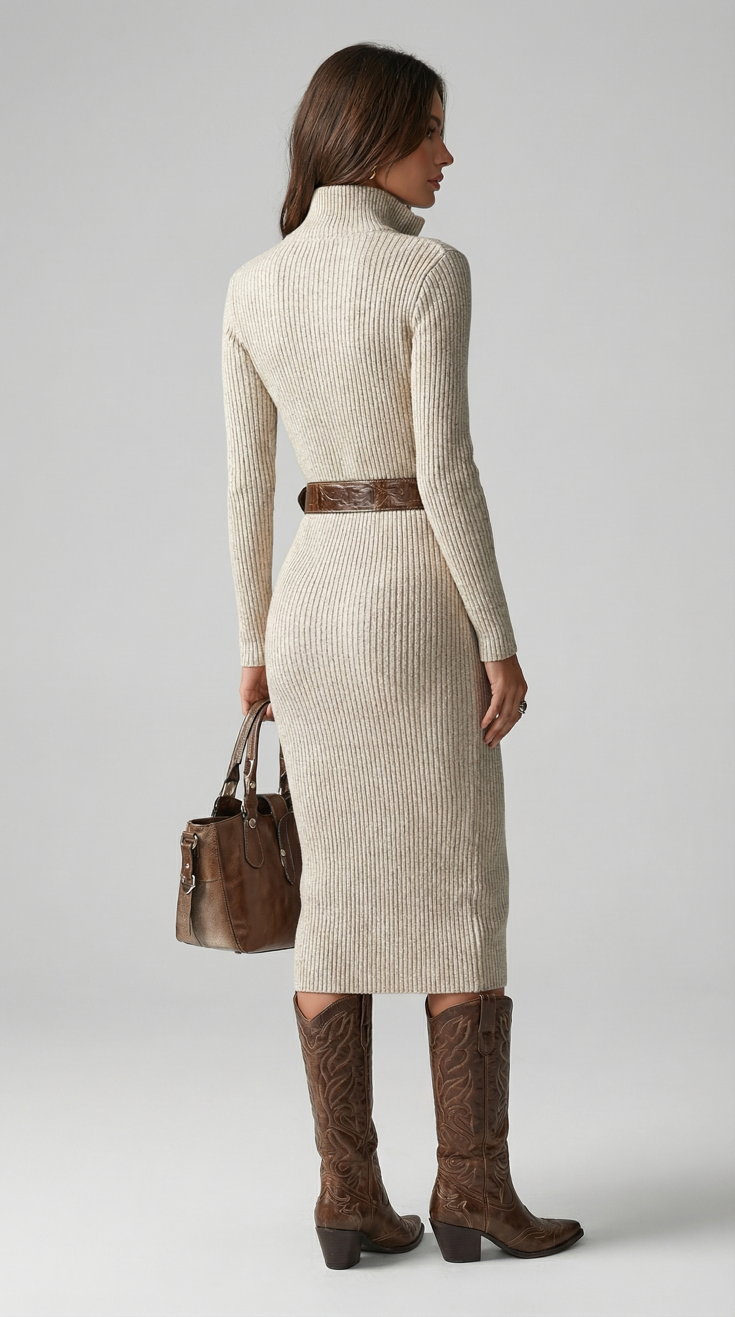 Slim Fit Half Turtleneck V-Neck Long Sleeve Knitted Belted Midi Dress