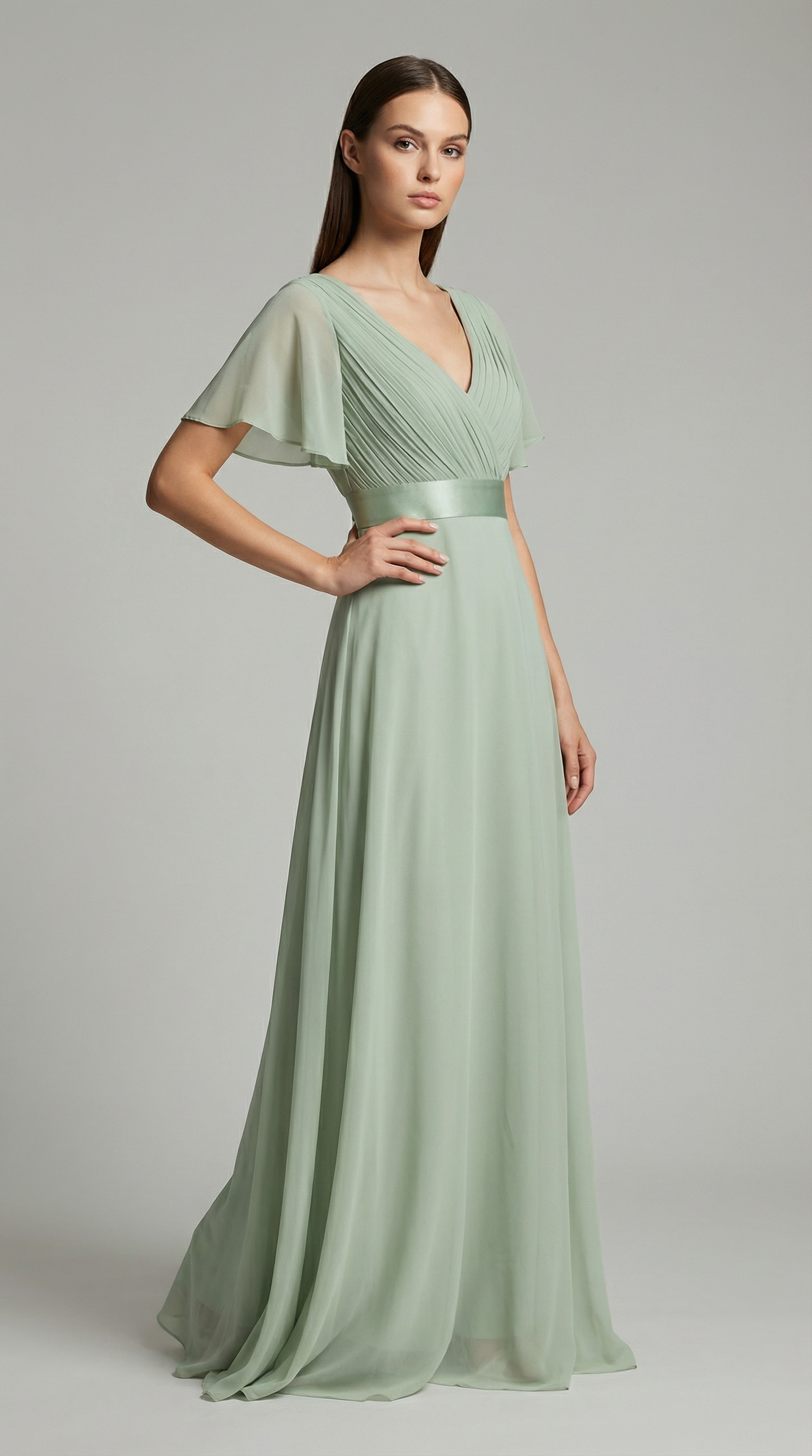 Elegant V-Neck Chiffon Maxi Evening Dress with Flutter Sleeves
