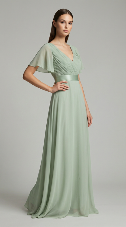 Elegant V-Neck Chiffon Maxi Evening Dress with Flutter Sleeves