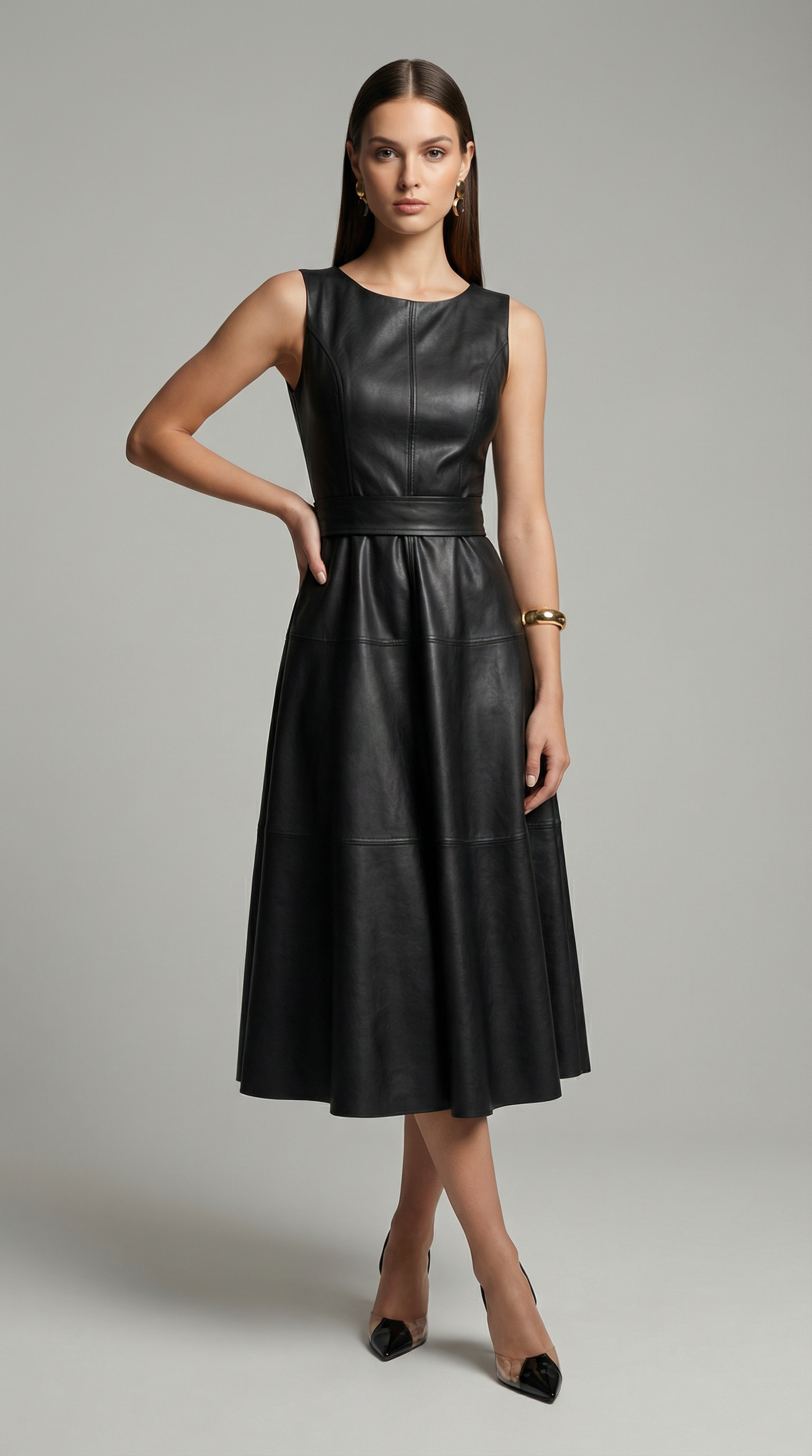Elegant Sleeveless PU Leather A-Line Midi Dress with Zip Back & Pleated Design