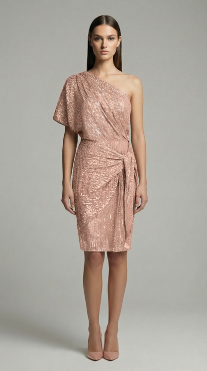 Vintage One-Shoulder Sequin Mini Dress – Elegant Pleated Cocktail & Party Dress