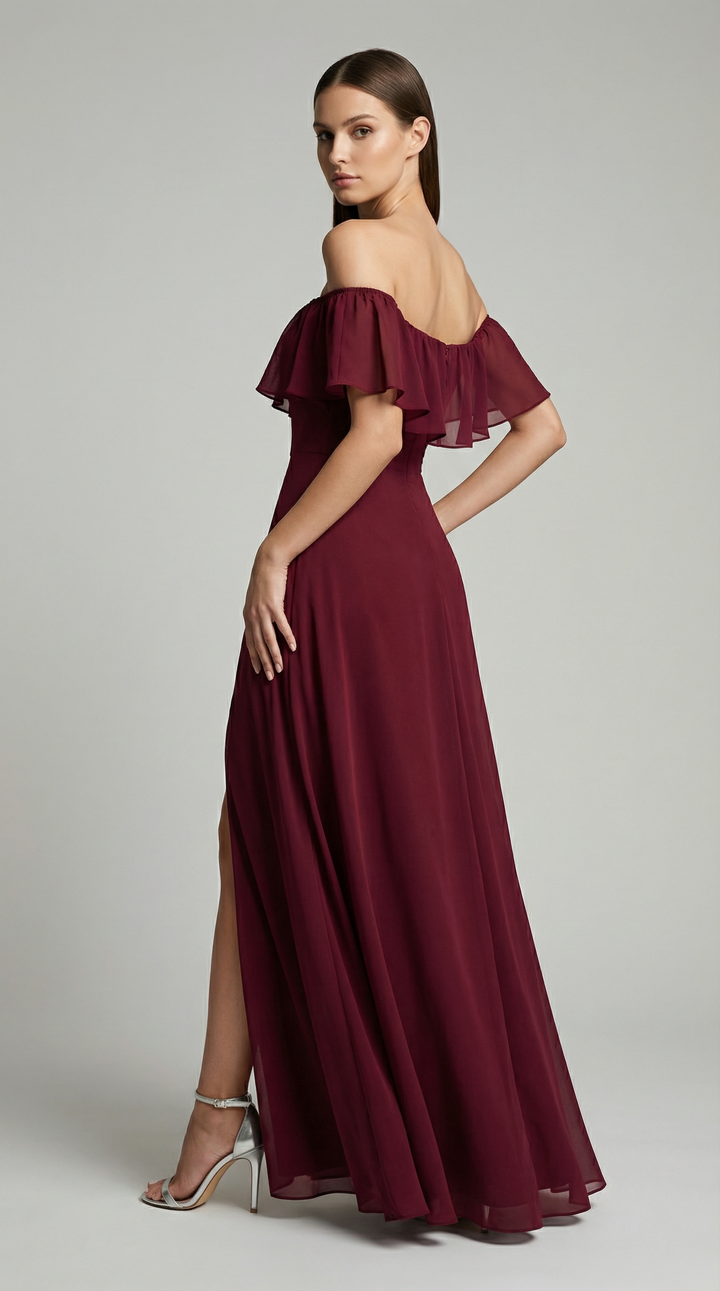 Elegant Off-The-Shoulder Maxi Bridesmaid Dress with High Slit
