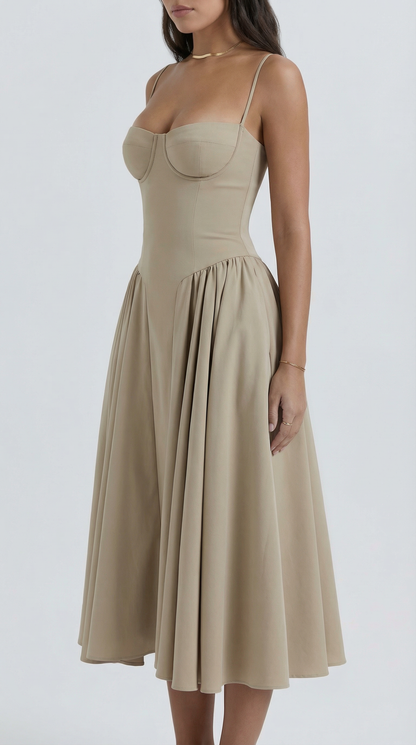 Khaki Corset Spaghetti Strap A-Line Midi Party Dress