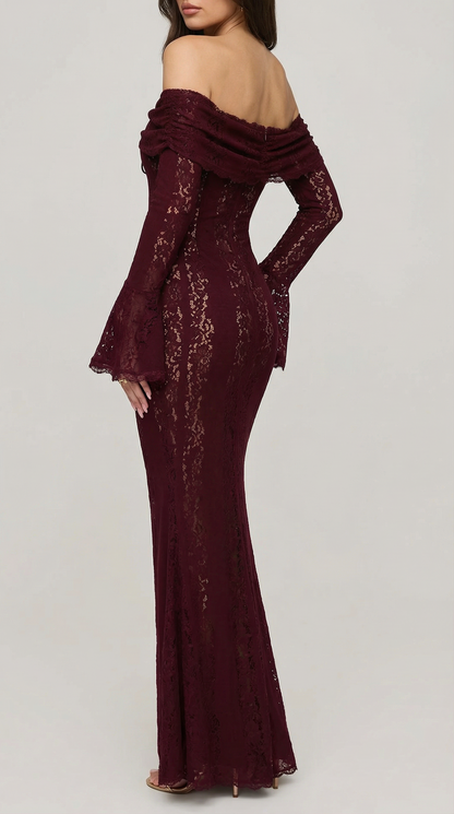 Burgundy Off-Shoulder Lace Maxi Dress with Flared Sleeves