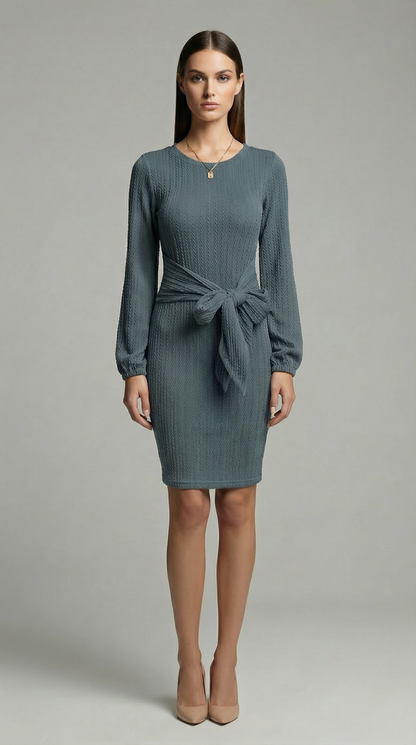 Elegant Ribbed Knit Bodycon Dress with Tie Waist – Long Sleeve Minimalist Sweater Dress