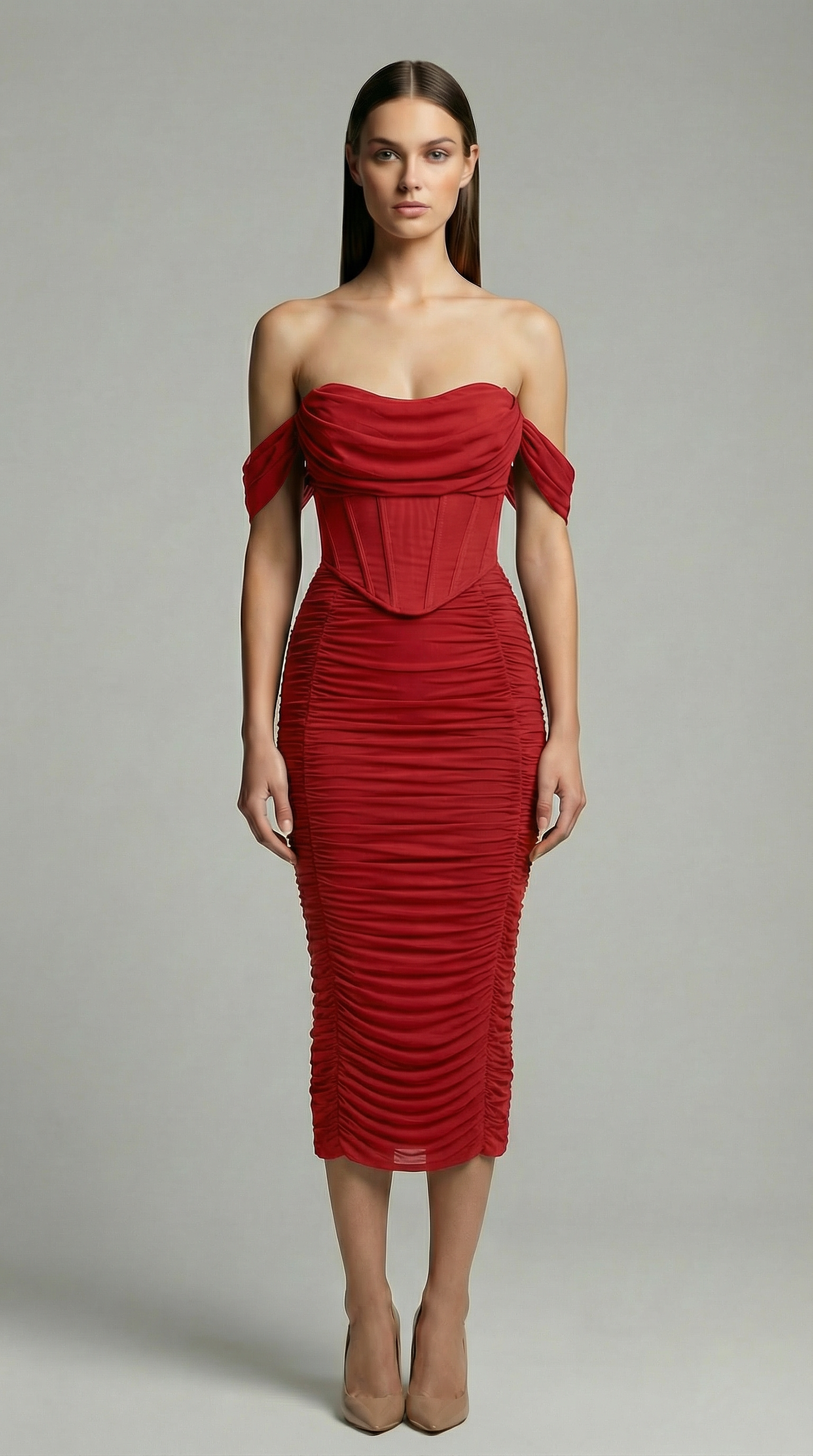 Off-The-Shoulder Ruched Corset Midi Dress – Elegant Bodycon Cocktail Dress