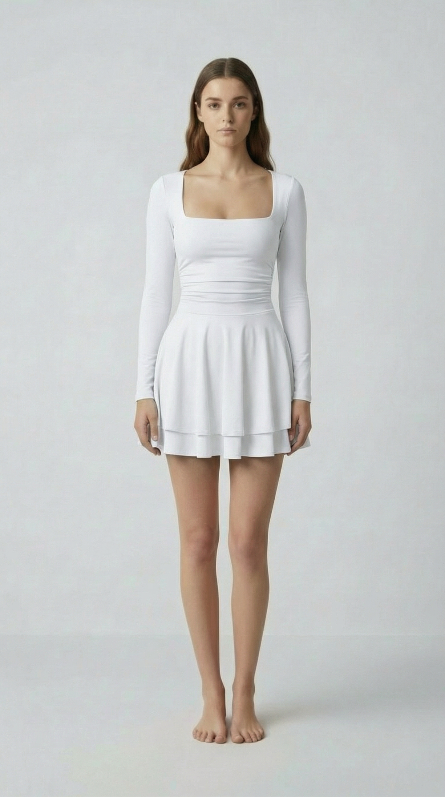 Square Neck Long Sleeve Mini Dress – Slim Fit Bubble Skirt Style