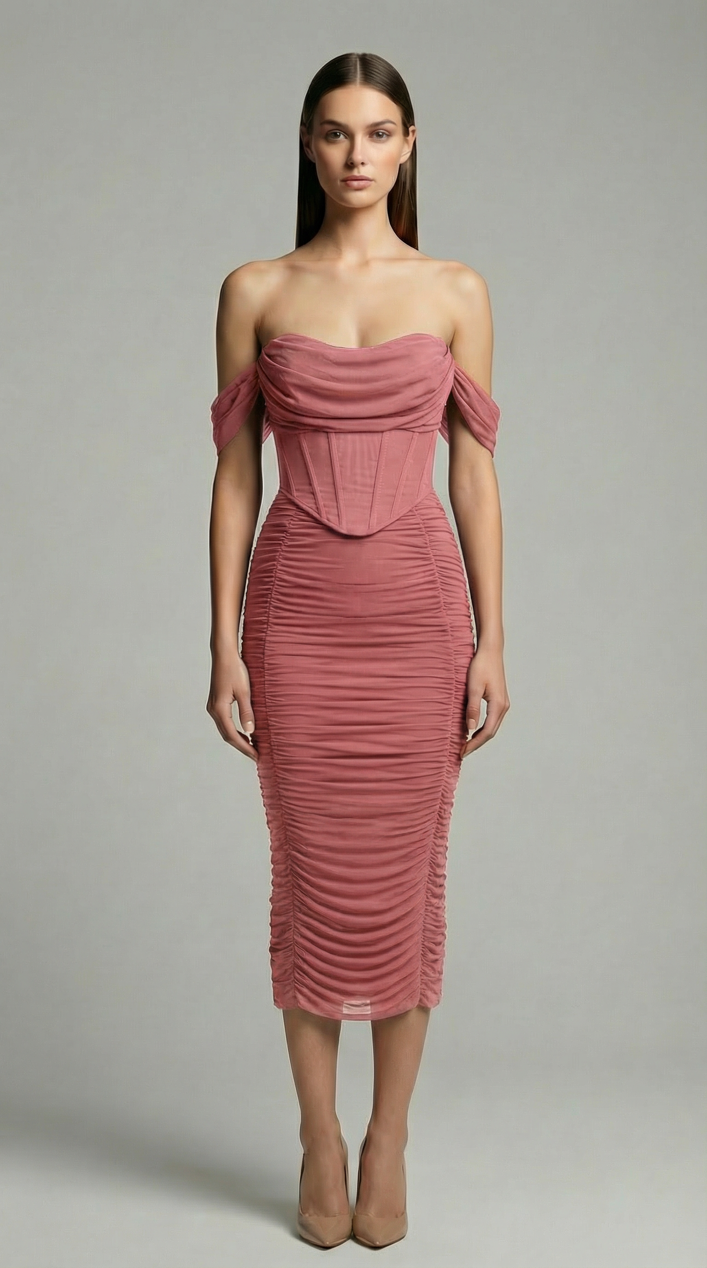 Off-The-Shoulder Ruched Corset Midi Dress – Elegant Bodycon Cocktail Dress