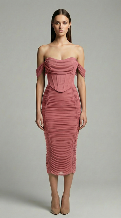 Off-The-Shoulder Ruched Corset Midi Dress – Elegant Bodycon Cocktail Dress