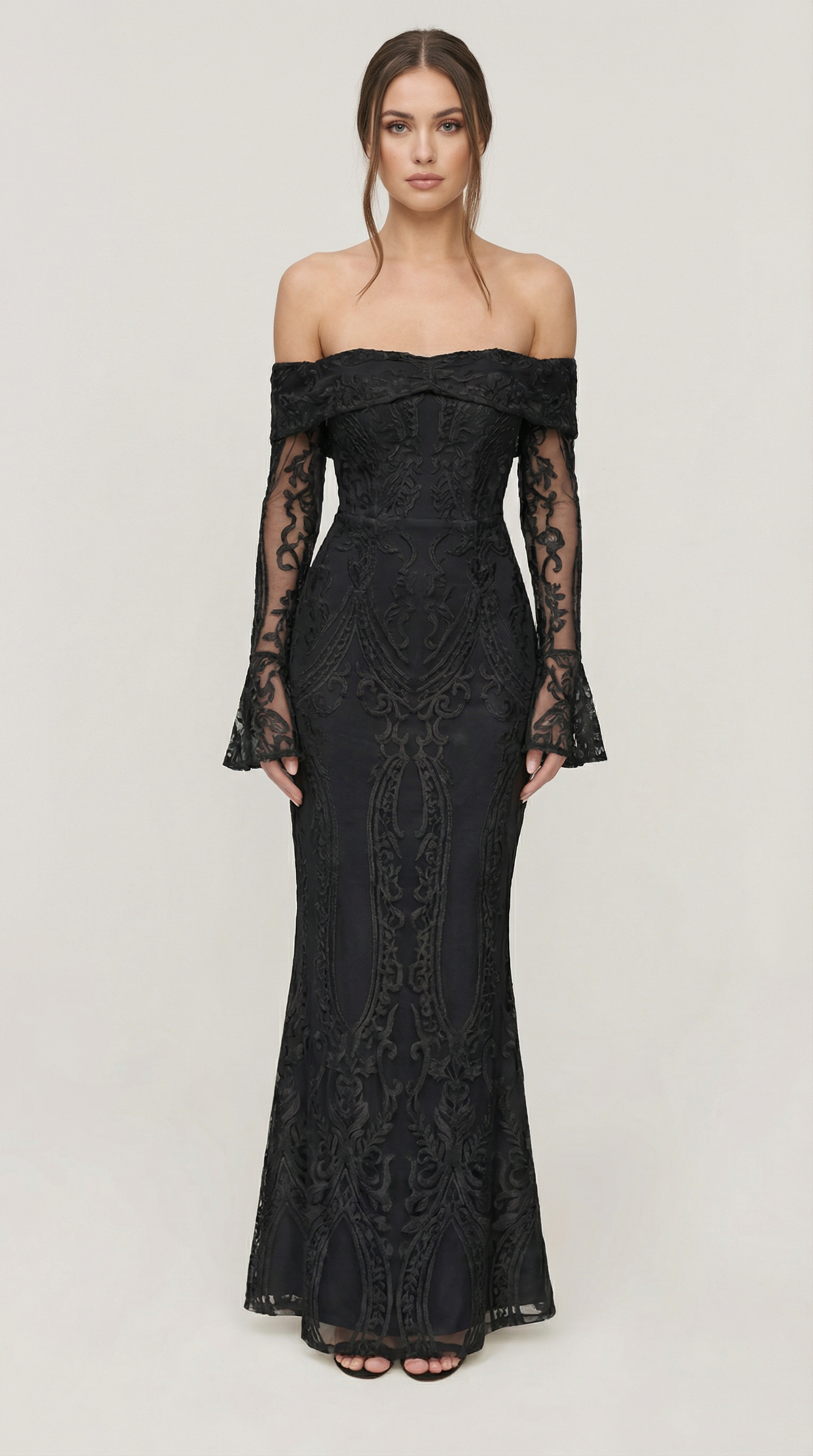 Burgundy Off-Shoulder Lace Maxi Dress with Flared Sleeves