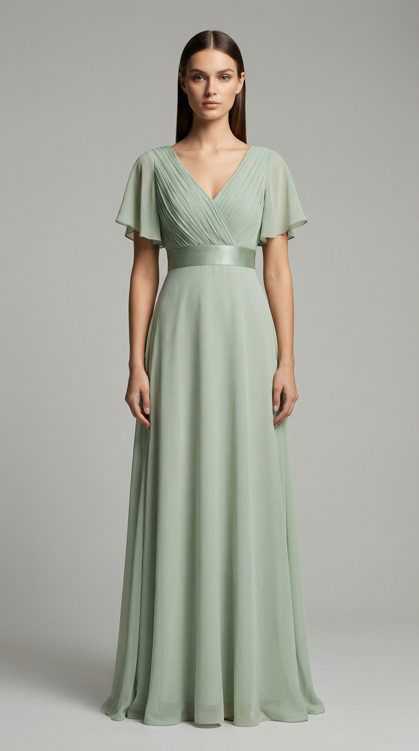 Elegant V-Neck Chiffon Maxi Evening Dress with Flutter Sleeves