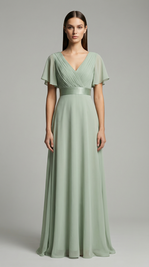 Elegant V-Neck Chiffon Maxi Evening Dress with Flutter Sleeves