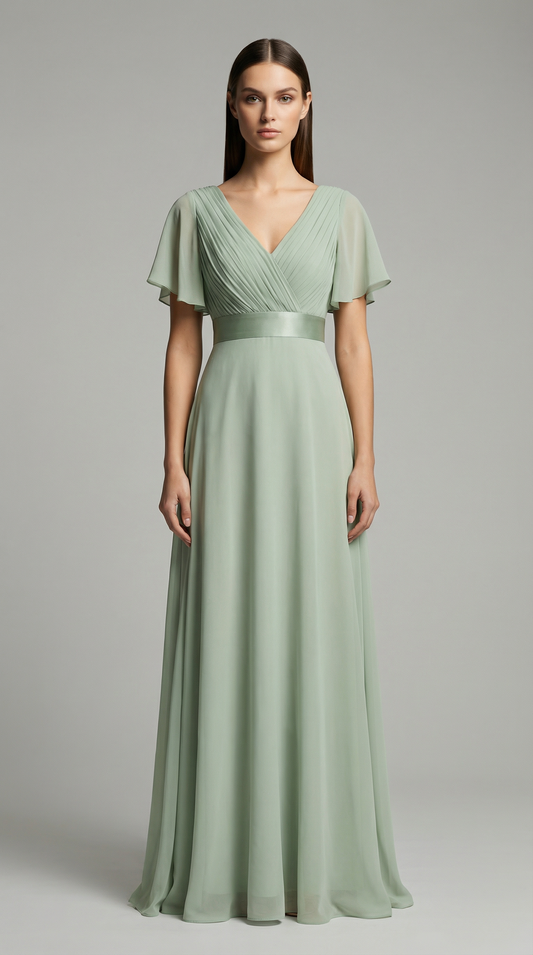 Elegant V-Neck Chiffon Maxi Evening Dress with Flutter Sleeves