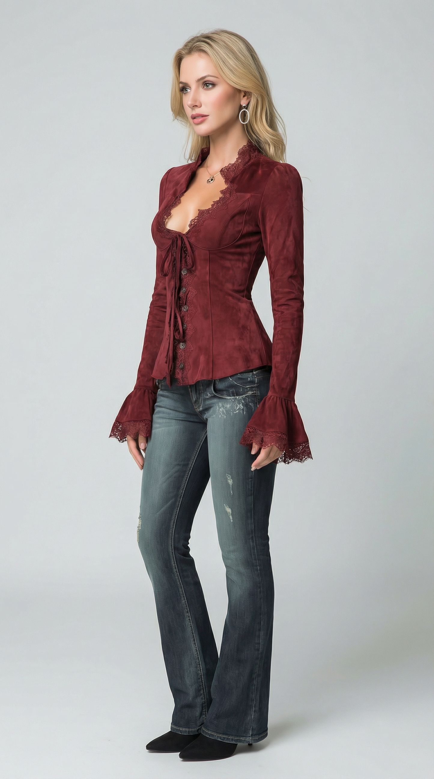 Vintage Lace Trim Polyester Suede Embroidered Blouse