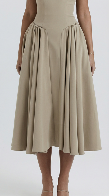 Khaki Corset Spaghetti Strap A-Line Midi Party Dress