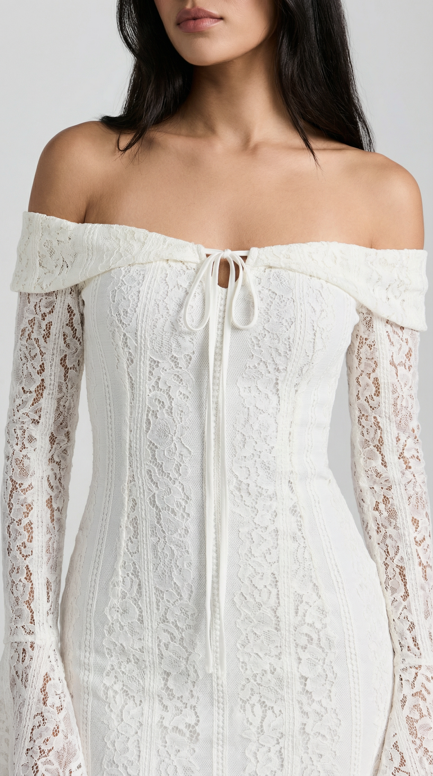 Off-Shoulder Lace Mini Dress with Flared Sleeves