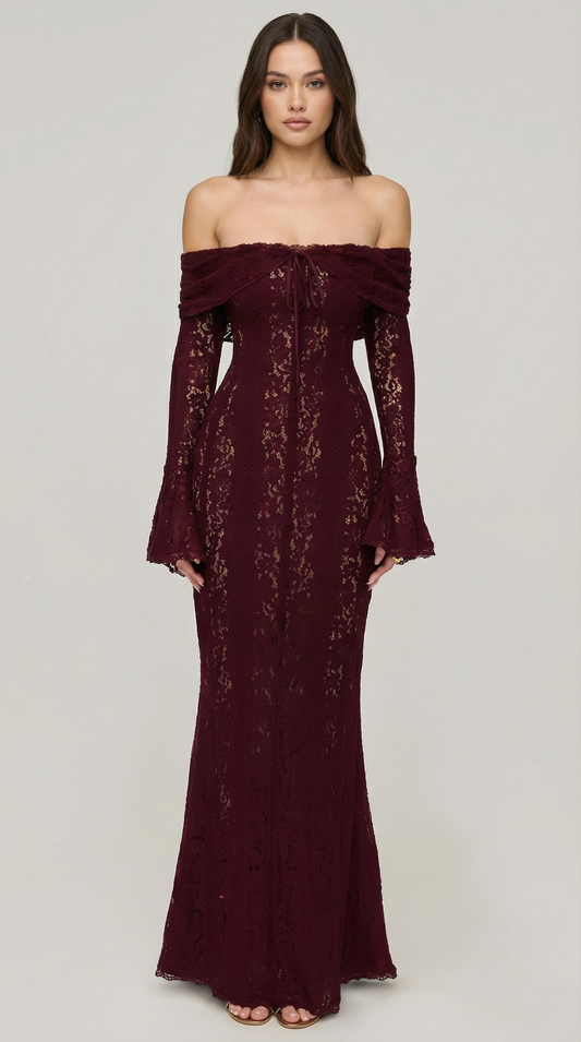 Burgundy Off-Shoulder Lace Maxi Dress with Flared Sleeves