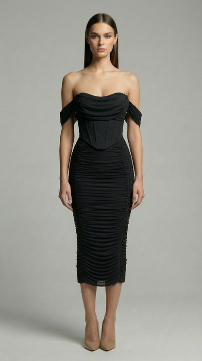 Off-The-Shoulder Ruched Corset Midi Dress – Elegant Bodycon Cocktail Dress