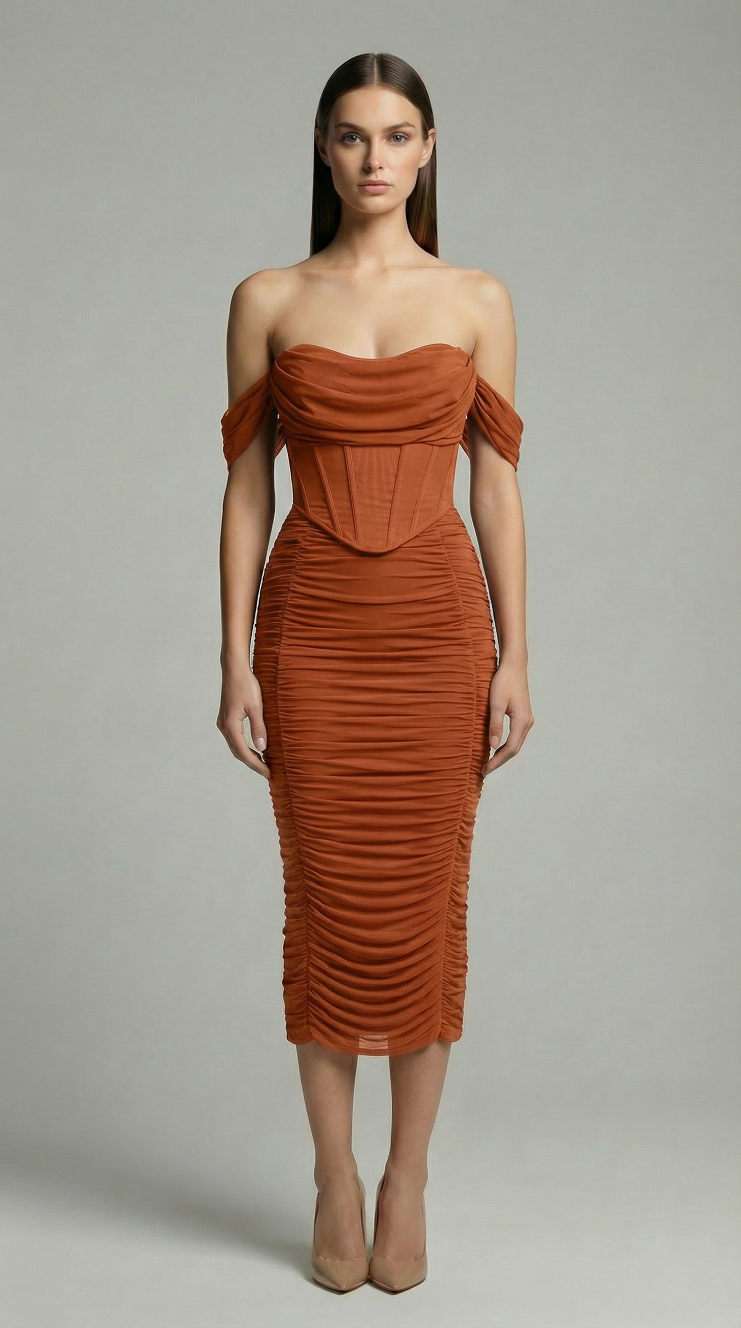 Off-The-Shoulder Ruched Corset Midi Dress – Elegant Bodycon Cocktail Dress