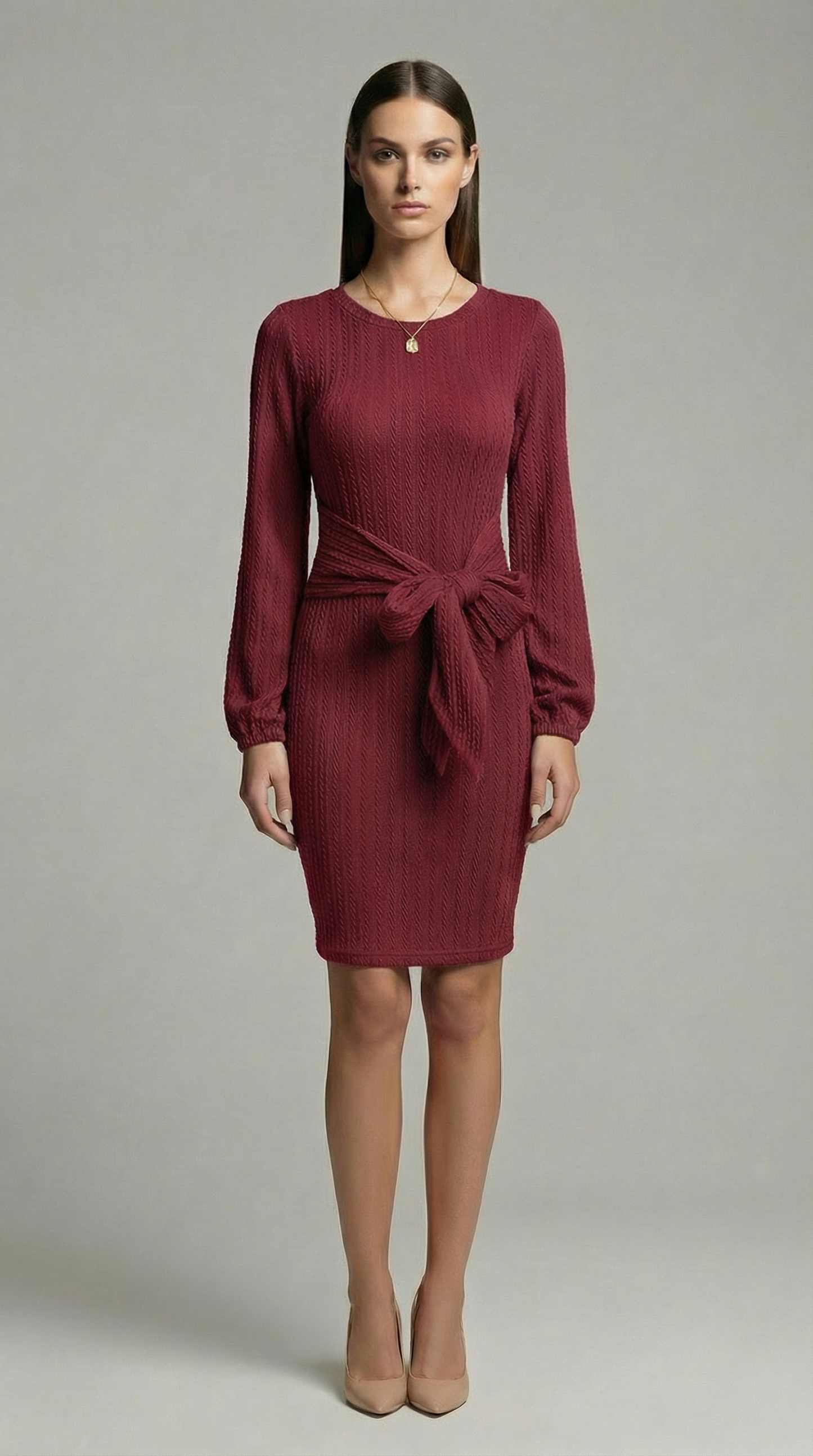 Elegant Ribbed Knit Bodycon Dress with Tie Waist – Long Sleeve Minimalist Sweater Dress
