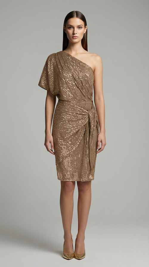 Vintage One-Shoulder Sequin Mini Dress – Elegant Pleated Cocktail & Party Dress