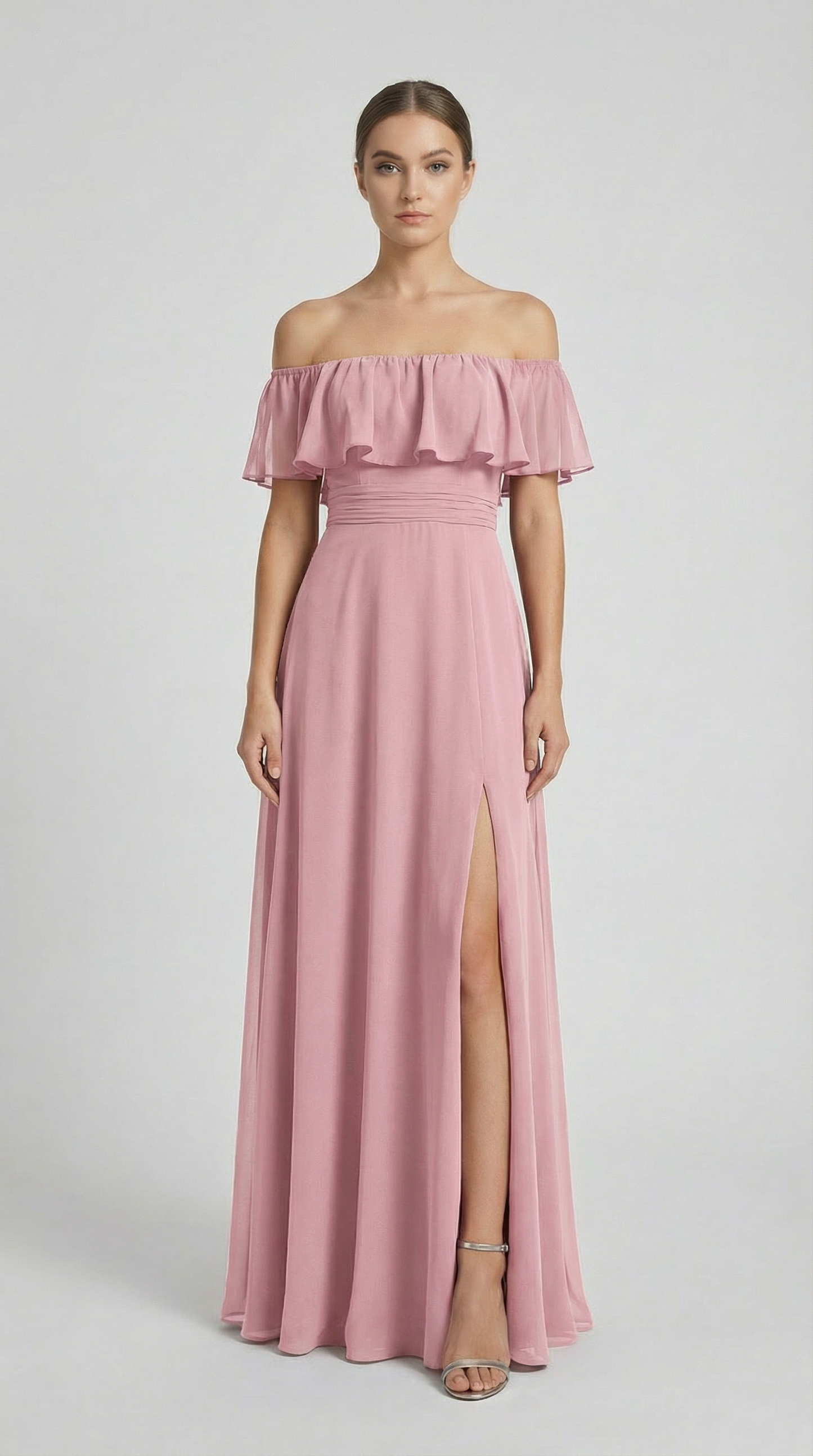 Elegant Off-The-Shoulder Maxi Bridesmaid Dress with High Slit