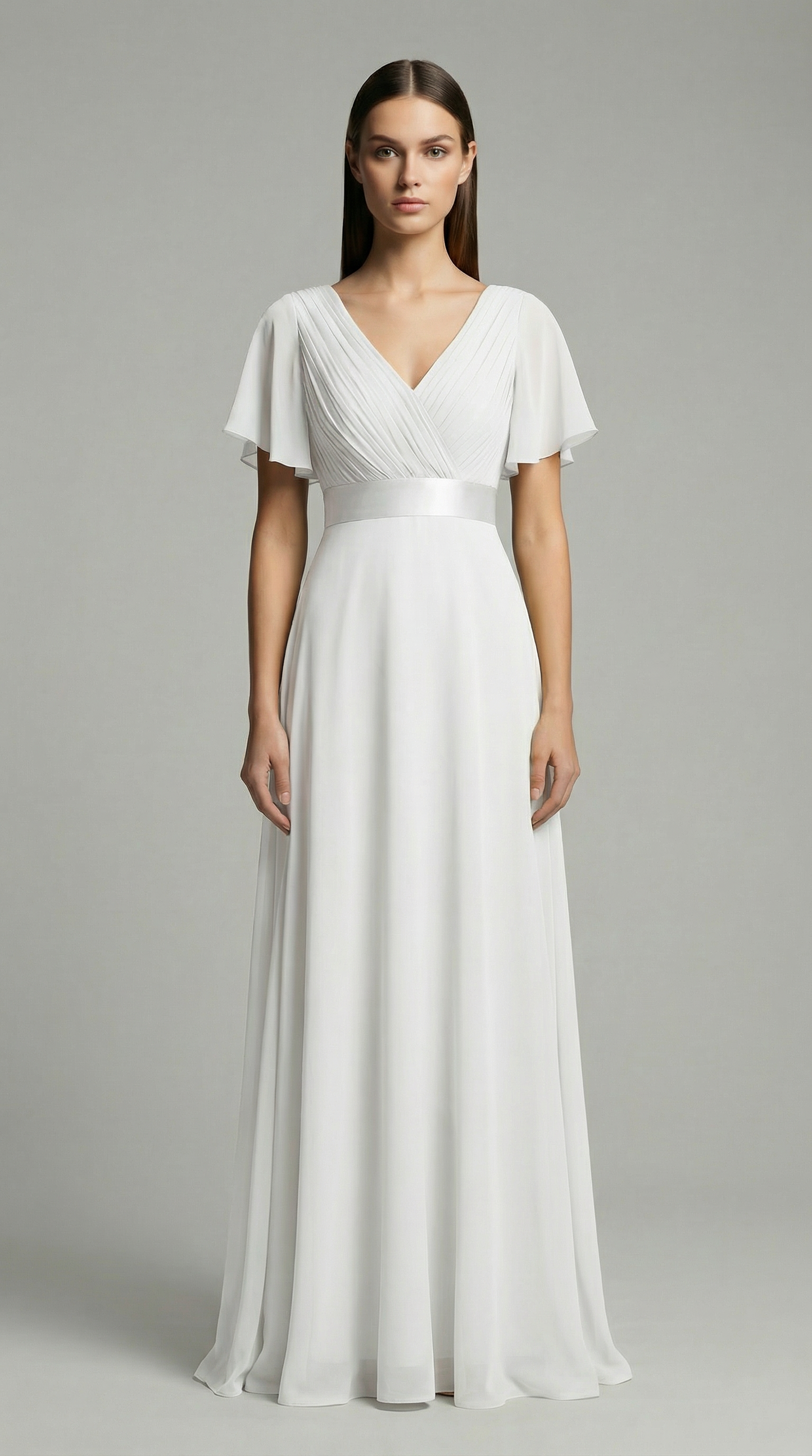 Elegant V-Neck Chiffon Maxi Evening Dress with Flutter Sleeves