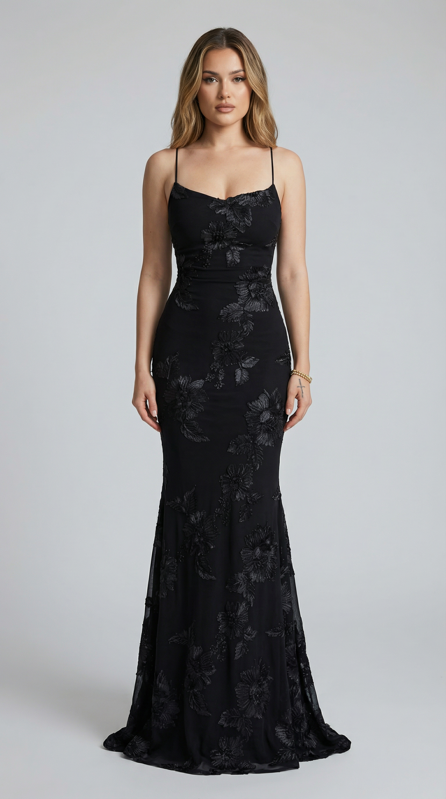 Floral Embroidered Mesh Mermaid Maxi Evening Dress