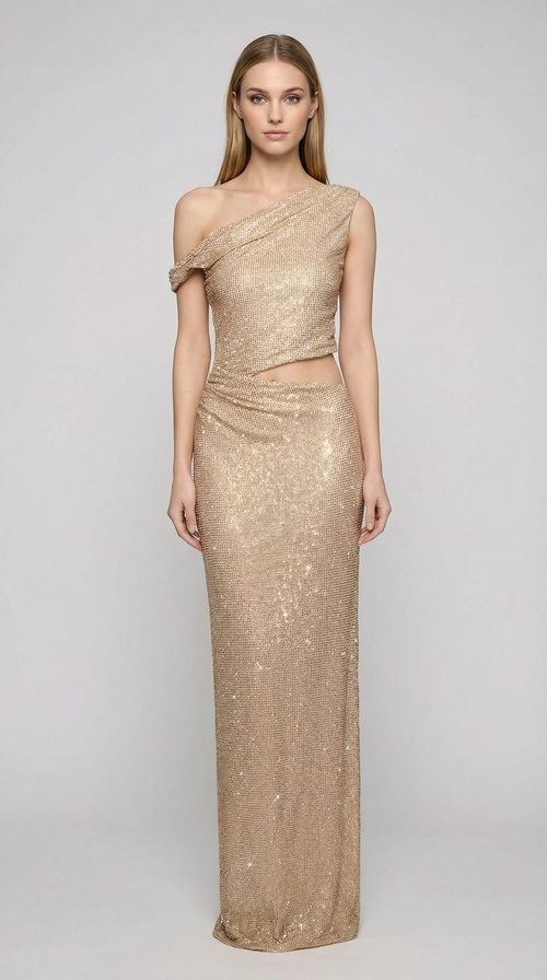 Apricot One-Shoulder Sparkly Cutout Ankle-Length Party Dress