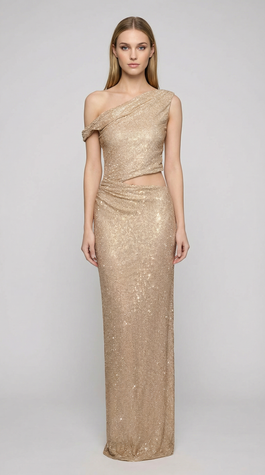 Apricot One-Shoulder Sparkly Cutout Ankle-Length Party Dress