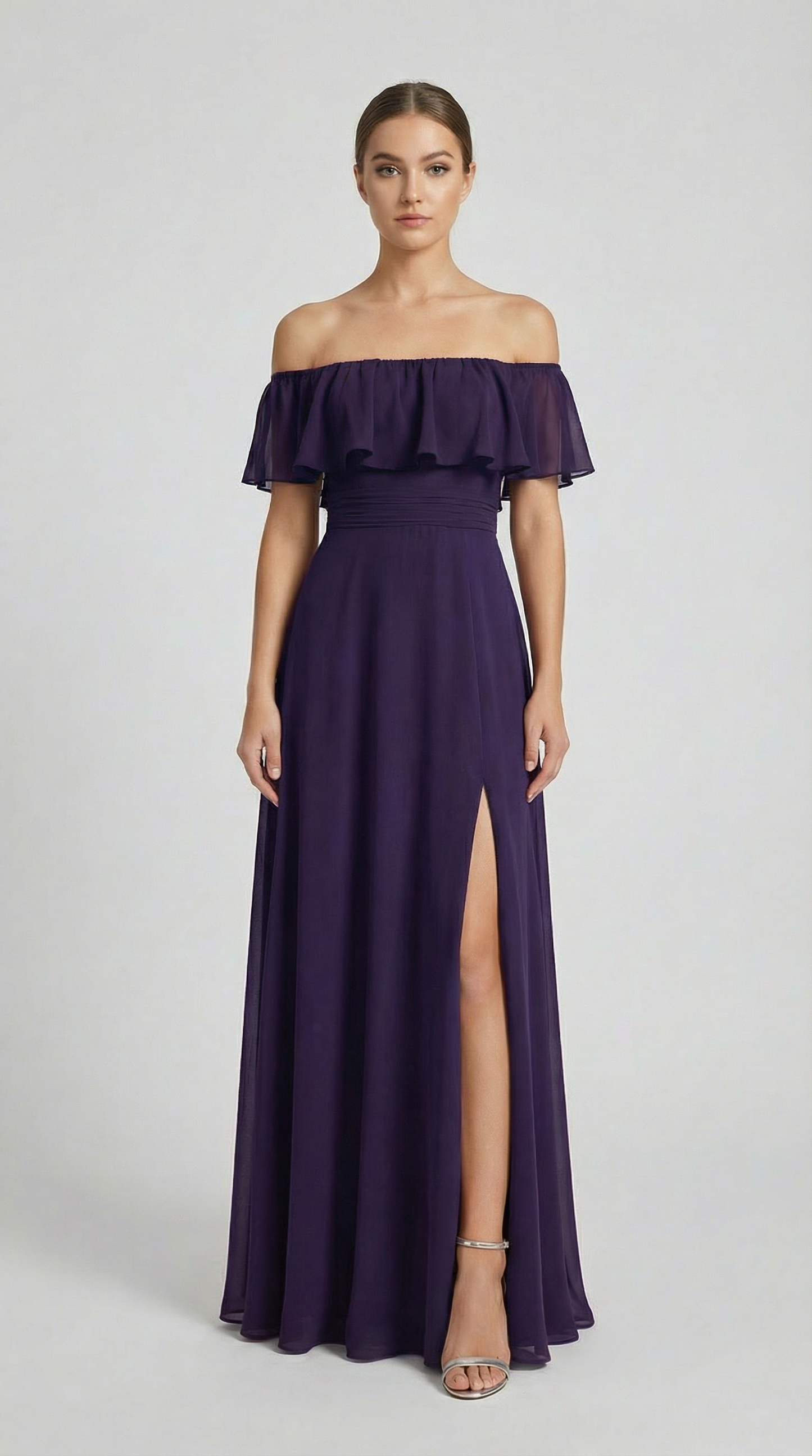 Elegant Off-The-Shoulder Maxi Bridesmaid Dress with High Slit