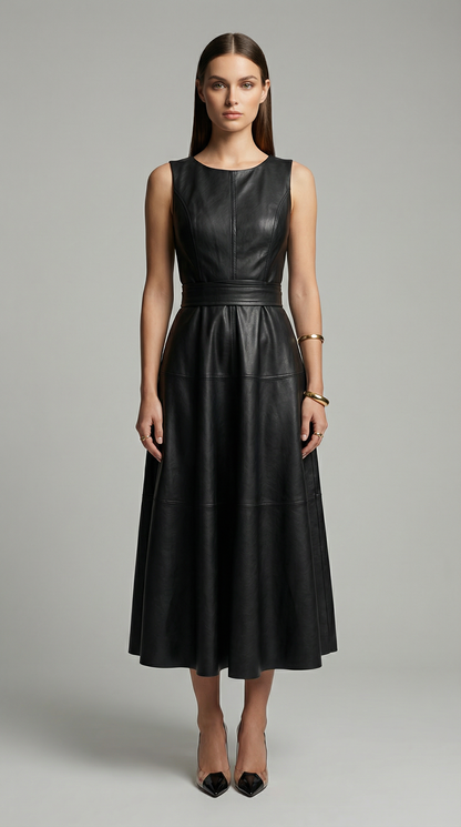 Elegant Sleeveless PU Leather A-Line Midi Dress with Zip Back & Pleated Design