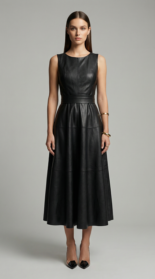 Elegant Sleeveless PU Leather A-Line Midi Dress with Zip Back & Pleated Design