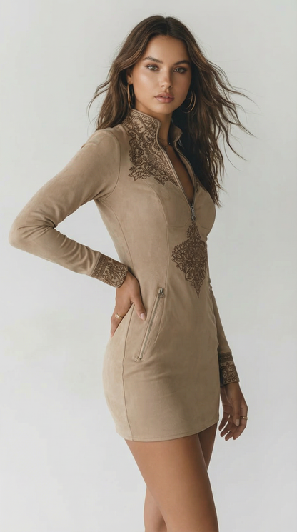 Vintage Beige Zip-Up Embroidered Microsuede Mini Dress With Pockets