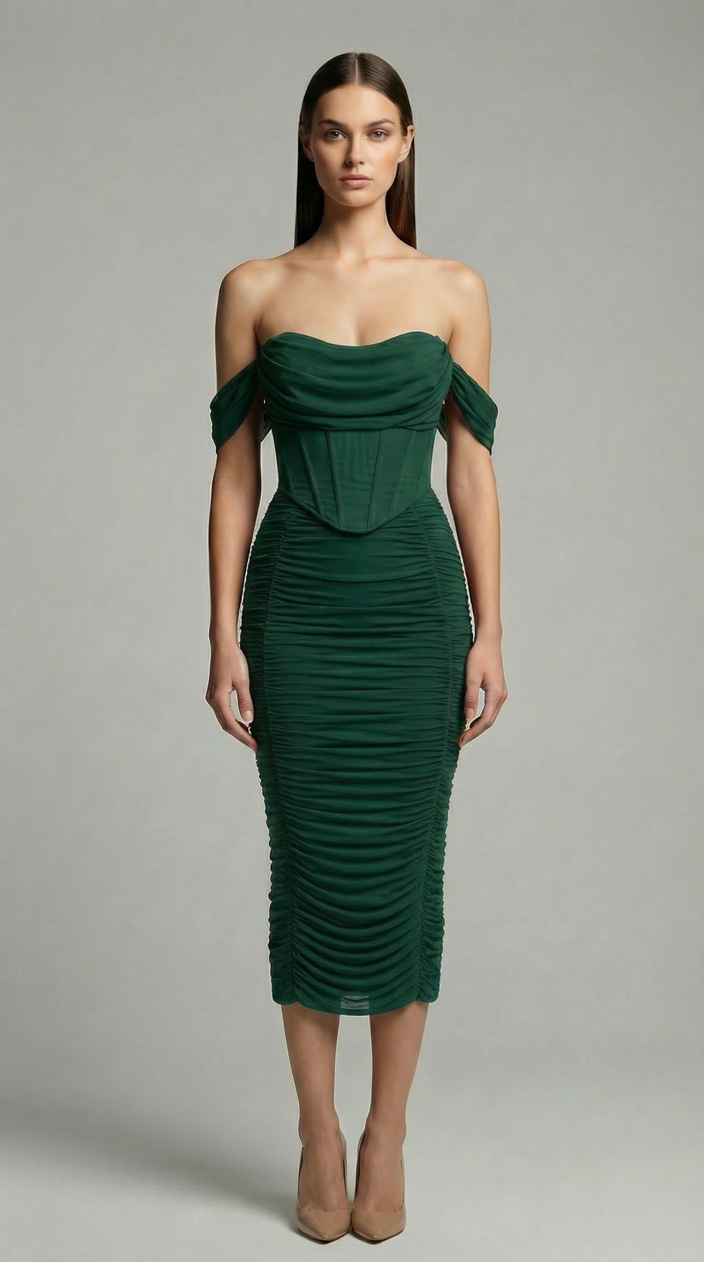 Off-The-Shoulder Ruched Corset Midi Dress – Elegant Bodycon Cocktail Dress